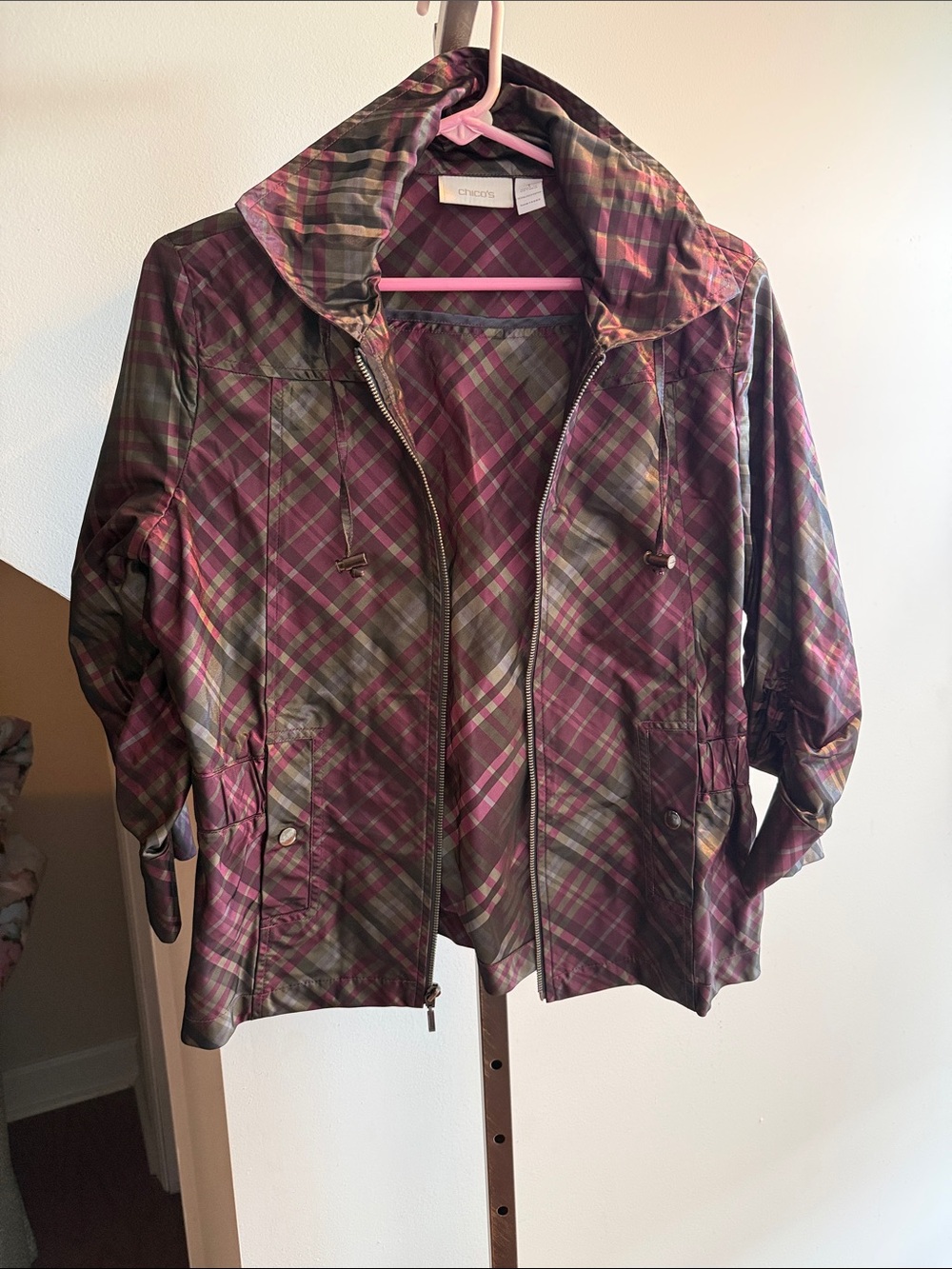 Chico’s Plaid Packable Hooded Jacket - Pink & Olive